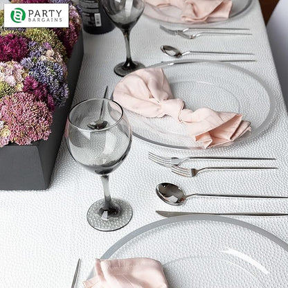 PARTY BARGAINS 13-Inch Charger Plates - 16 Pack, Clear Silver Rim, Heavy-Duty Disposable Chargers for Elegant Dining - Ideal for Weddings and Formal Events