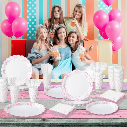 Sieral 144 Pcs Coquette Birthday Party Decor, Scalloped Paper Plates, Napkins - Image 7