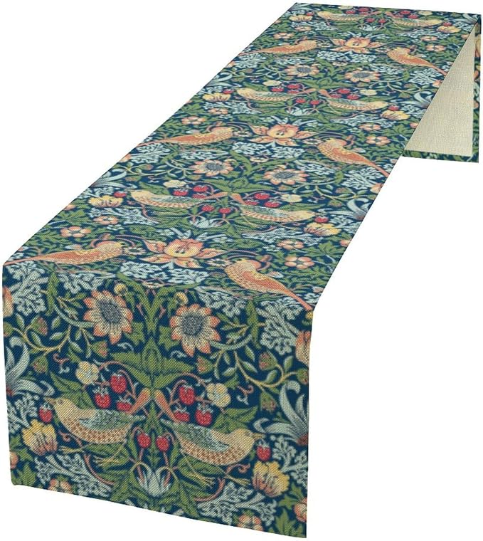 William Morris Floral Table Runner, Vintage Green Flowers Botanical Printed by Yearn+Jear