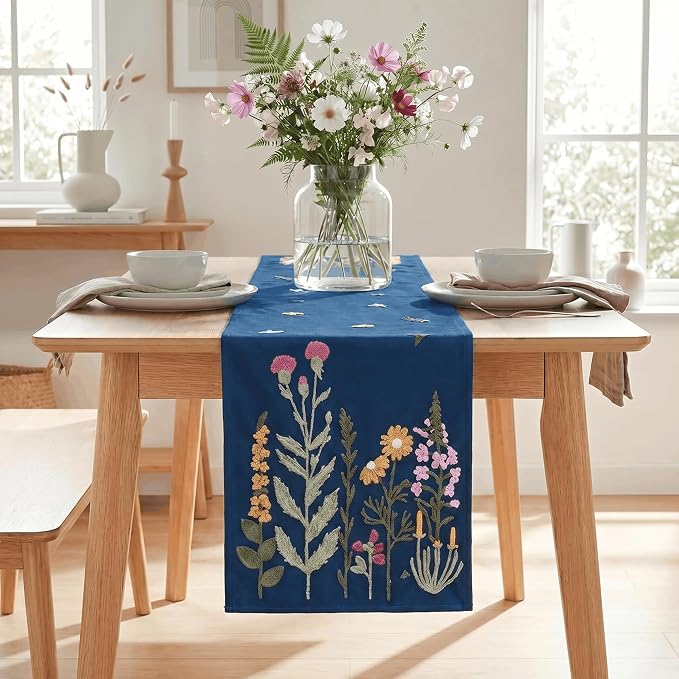 Artoid Mode Dark Blue Soft Chain Embroidery Wild Floral Spring Table Runner - Image 2