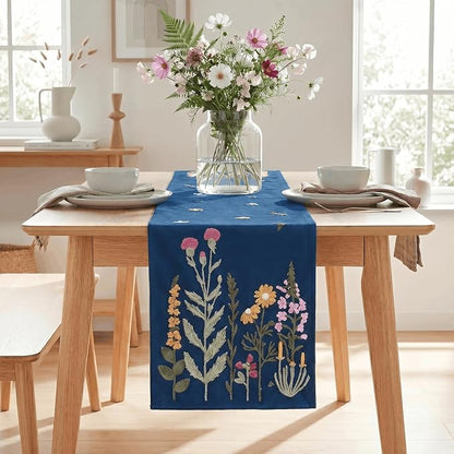 Artoid Mode Dark Blue Soft Chain Embroidery Wild Floral Spring Table Runner - Image 2