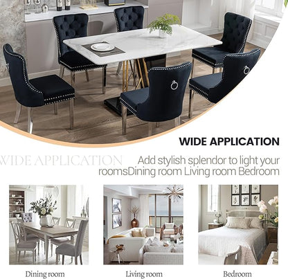 KCC Velvet Dining Chairs Set of 2, Upholstered High-end Tufted Dining Room Chair with Nailhead Back Ring Pull Trim Stainless Steel Legs, Contemporary Nikki Collection Modern Style for Kitchen, Black