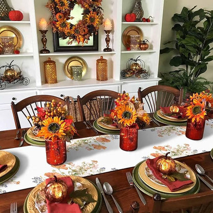 Fall Windflowers Pumpkin Short Table Runners 36 Inches, Cotton Linen Fabric - Image 3