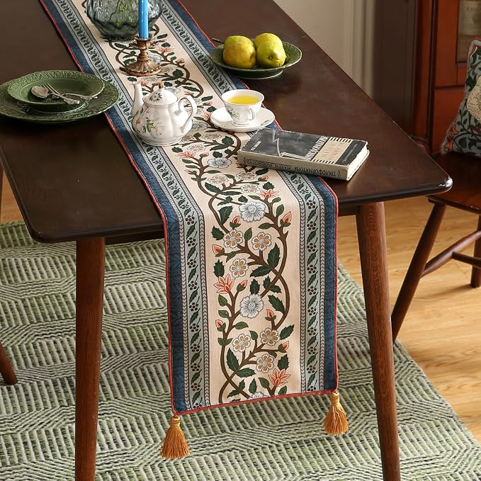 Designer Vintage Linen Extra Long Table Runner, Floral Pattern, Dining Table - Image 2
