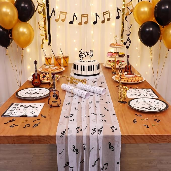 4 Pcs Music Notes Table Runner 29 x 70 Inch Glitter Black Musical Note Tulle - Image 4