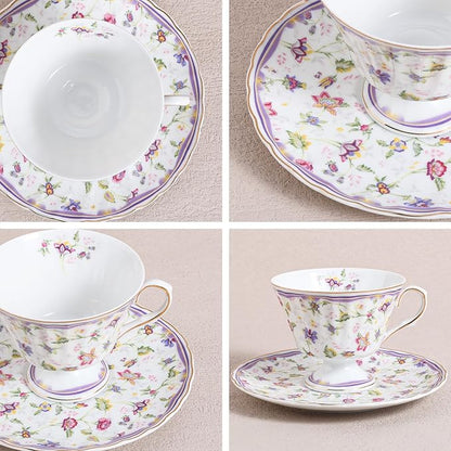 fanquare 5 Ounces Purple Floral Vines Porcelain Tea Cup and Saucer | Country - Image 2