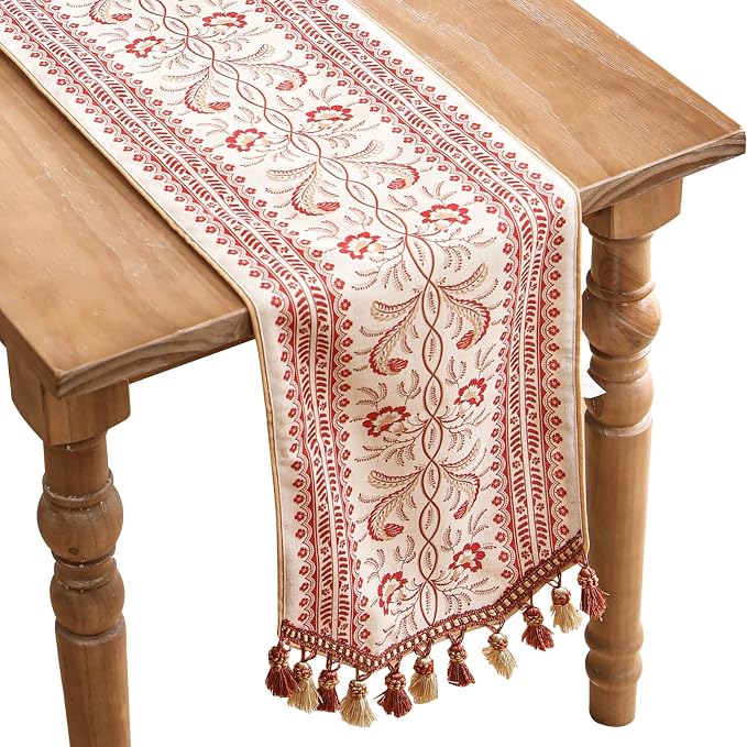 Designer Vintage Linen Extra Long Table Runner, Floral Pattern, Dining Table by Isaennehomedecoration