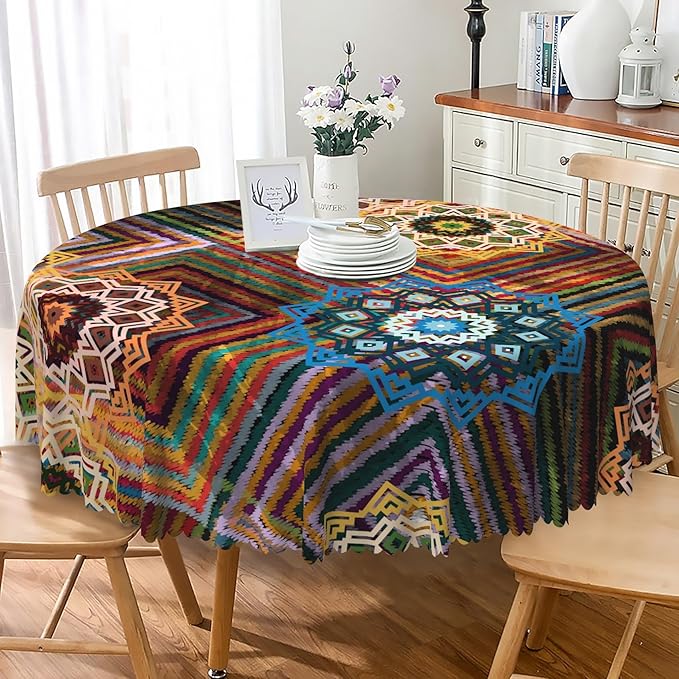Laeacco 60 Inch Colorful Patchwork Round Tablecloth Woven Flowers Geometric Abstract Art Print Table Cloth Washable Waterproof Wrinkle Free Table Cover for Kitchen Dining Picnic Party Decoration