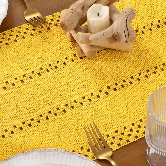 DeZerlor Yellow Boho Macrame Farmhouse Woven Table Runner 90Inch | Cotton Linen - Image 6