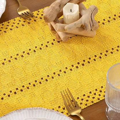 DeZerlor Yellow Boho Macrame Farmhouse Woven Table Runner 108Inch | Cotton - Image 6