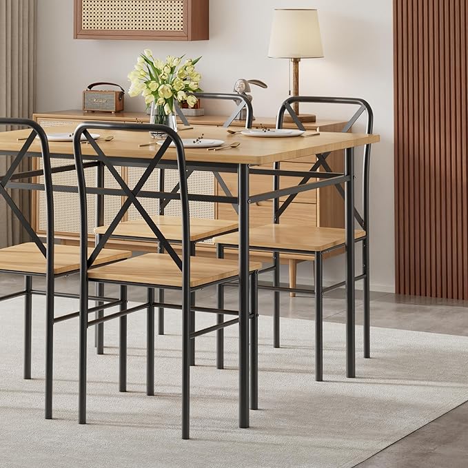 VECELO 5-Piece Kitchen Dining Table Set, Wood Tabletop & Heavy-Duty Metel Frame, Rectangle Dinette with 4 Chairs for Small Space, Breakfast Nook, Natural Black