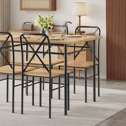 VECELO 5-Piece Kitchen Dining Table Set, Wood Tabletop & Heavy-Duty Metel Frame, Rectangle Dinette with 4 Chairs for Small Space, Breakfast Nook, Natural Black