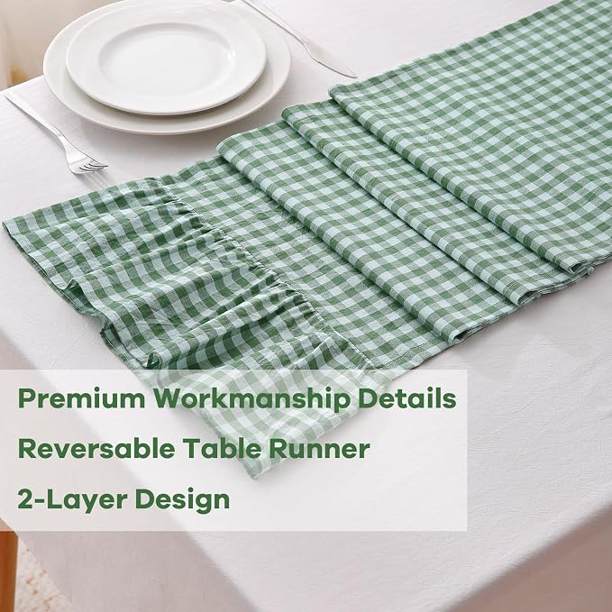 Green White Plaid Gingham Ruffle Table Runner 72 inches Long 100% Washed Cotton - Image 5