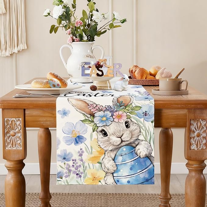 Happy Easter Bunny Table Runner, Egg Flowers Burlap Table Runners, Spring - Image 3