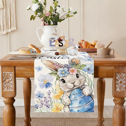 Happy Easter Bunny Table Runner, Egg Flowers Burlap Table Runners, Spring - Image 3