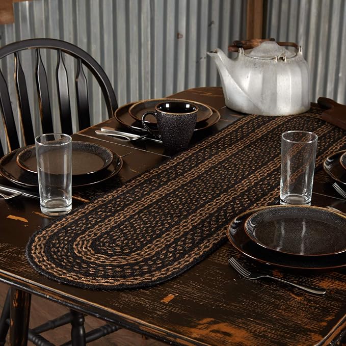 VHC Brands Farmhouse Primitive Jute Black Striped Oval Table Runner Decor - Image 2