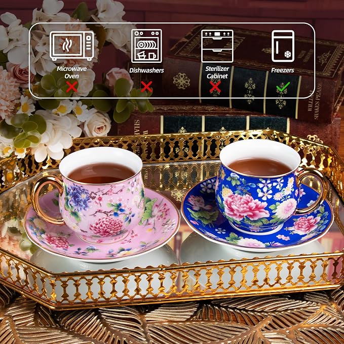 KAMMAK Tea Cup and Saucer, Ceramic Coffee Cups, 7.1 oz, Afternoon Tea and - Image 3