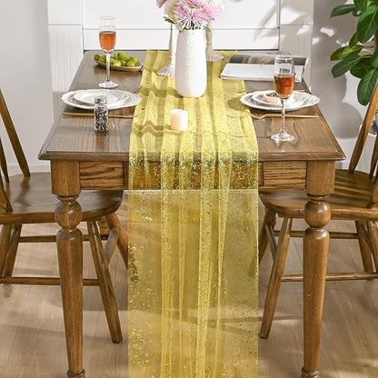 Artoid Mode Light Yellow Gold Gauze Table Runner 120 Inch 10FT, Glitter Metallic Foil Sheer Dining Wedding Anniversary Holiday Birthday Table Decor for Home Party