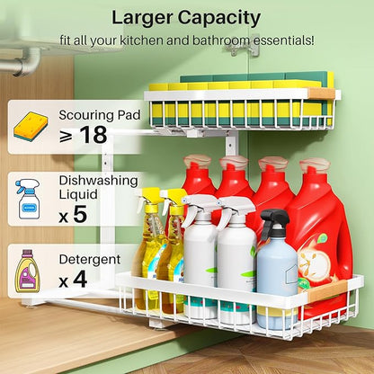 Pull out Cabinet Organizer, 1 Pack Under Sink Organizer, Slide out Metal Kitchen Cabinet Organizers Drawer Shelf, Sliding Storage Shelves for Kitchen Bathroom Pantry Closet Organization Rack(White)