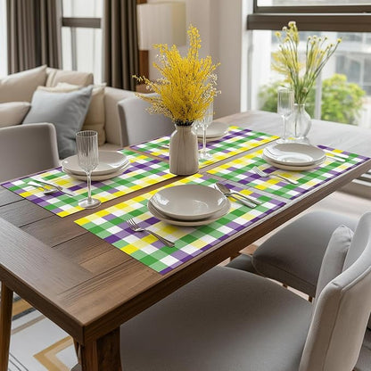 Artoid Mode Buffalo Plaid Vinyl Placemats Set of 4, 12x18 Inch Washable Non-Slip Heat Resistant Plastic Place Mats for Party Dining Table, Purple/Yellow