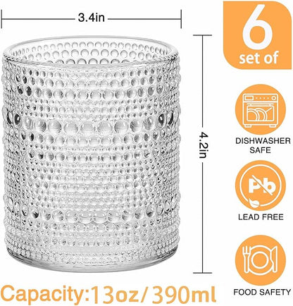 Glassware Set of 6, 13 OZ/390ml Hobnail Kitchen Glassware, Embossed Vintage Glass for Water, Cocktail, Soda, Beverage, Juice