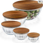 Large Stackable Set of 5 Nesting Glass Bowls with Acacia Lids for Foodprep, Storage, Baking, Sourdough Mixing & Cooking. Microwave & Oven Safe Heat Resistant Inert Borosilicate Glass