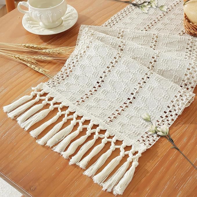 Macrame Table Runner Cream Beige Boho Table Runners by Unknown