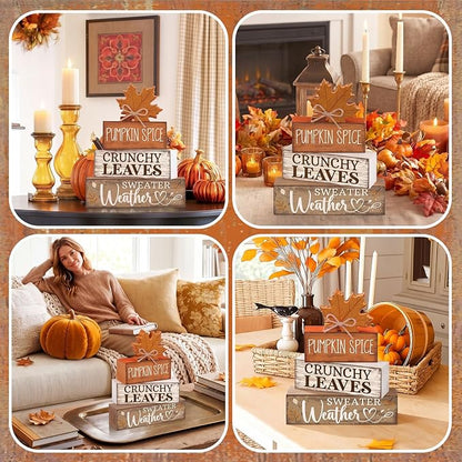 Moucuny 4 Pcs Fall Decor Wooden Maple Leaf Decoration Thanksgiving Tiered Tray - Image 5