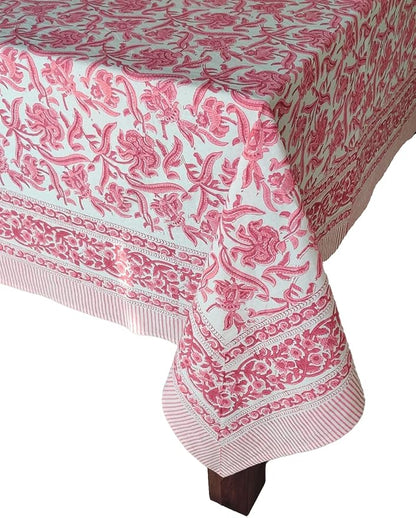 ATOSII Red Bloom 100% Cotton Rectangle Tablecloth, Block Print Floral Linen Table Cloth for Dining Parties Outdoors Weddings Holidays I 72 X 120 Inches, 10 Seater, Summer Farmhouse Grandmillennial