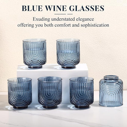 Blue Vintage Drinking Glasses Set of 6-15oz Hand-Blown Highball Ribbed Glassware - Image 2