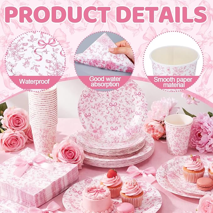 LemonRoad 150 Pcs Pink Bow Floral Disposable Plates and Napkins Bow Coquette - Image 3