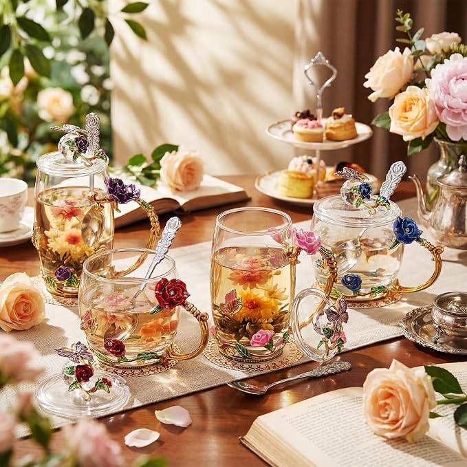Nuanchu 4 Sets Flower Glass Tea Cups - Image 4