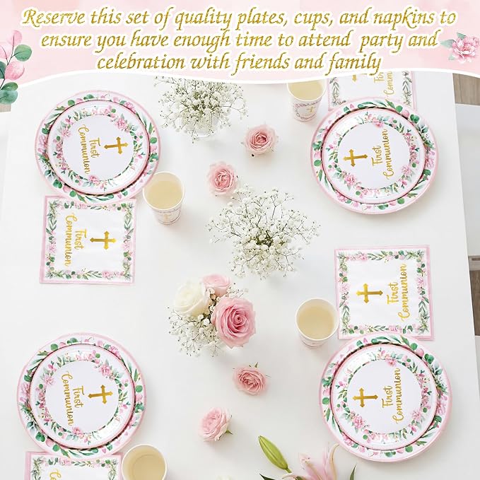 Pickmesh 250 Pcs Pink First Holy Communion Disposable Tableware Set God Bless - Image 4