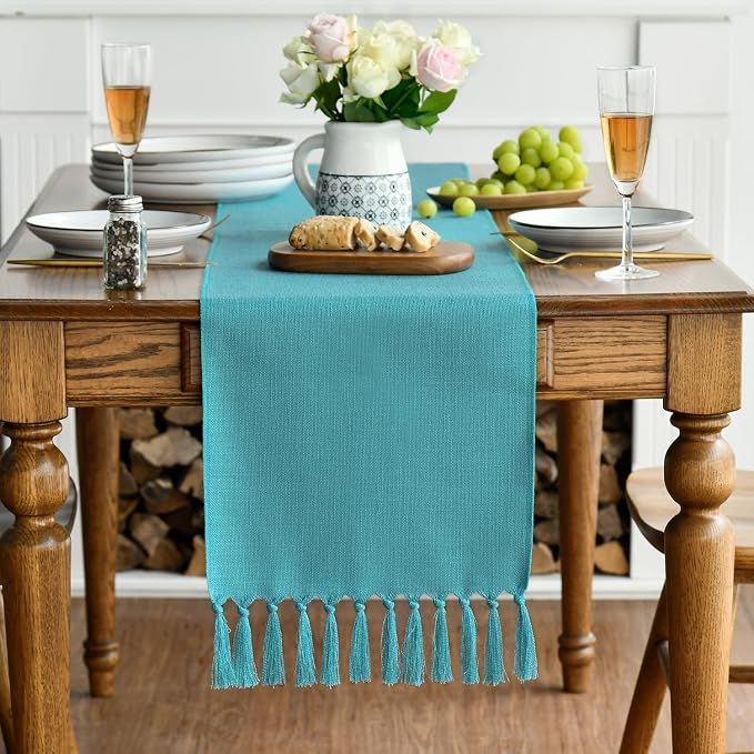 Artoid Mode Teal Tassel Table Runner, Winter Linen Blend Rustic Farmhouse Style - Image 3