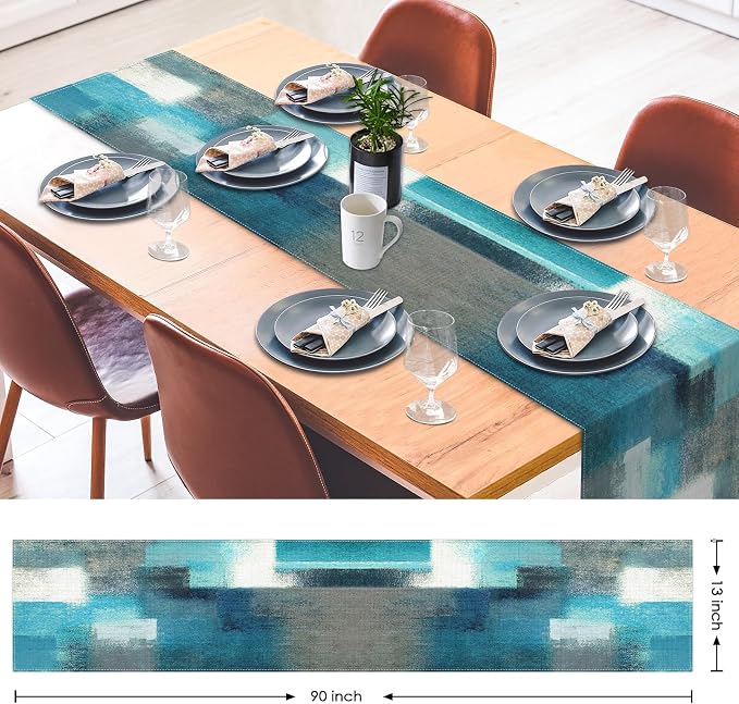 Emvency Table Runner, 13x90 Inch, Abstract Modern Farmhouse | Teal Grey Dining - Image 2