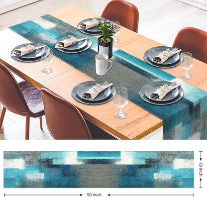 Emvency Table Runner, 13x90 Inch, Abstract Modern Farmhouse | Teal Grey Dining - Image 2
