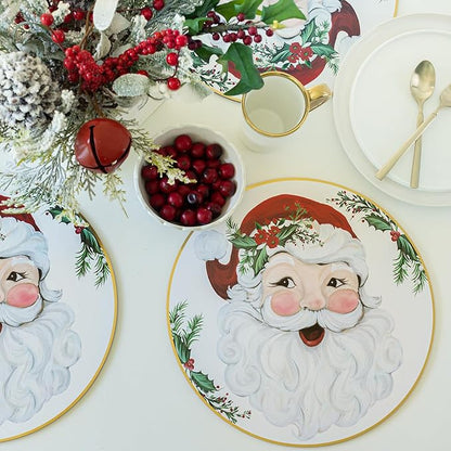 Benson Mills Cork Placemats Set of 4, Thick Cork Place Mats for Kitchen and Dining Tables, Easy Clean Table Mats for Christmas, Winter and Holidays (13.75" Round Set of 4, Joyful Santa)