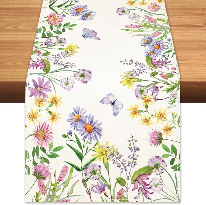 Spring Summer Wildflower Table Runner Lavender Butterfly Burlap Table Runners by BEAUTYROMANCEFORYOURLIFE