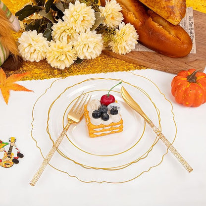 Liacere 150PCS Clear Gold Plastic Plates - Disposable Plastic Silverware with Glitter Bamboo Handle Cutlery-Baroque Clear Gold Disposable Plates for Wedding & Party & Thanksgiving &Fall Decor