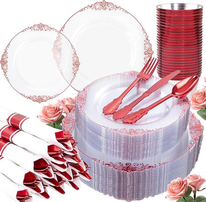 Hioasis 350pcs Clear and Red Plates - Red Party Plates for 50 Guest, Include 100 Heavy-duty Plates(20% Thicker Than Standard), 50 Pre Rolled Gold Plastic Silverware Set, 50 Cups