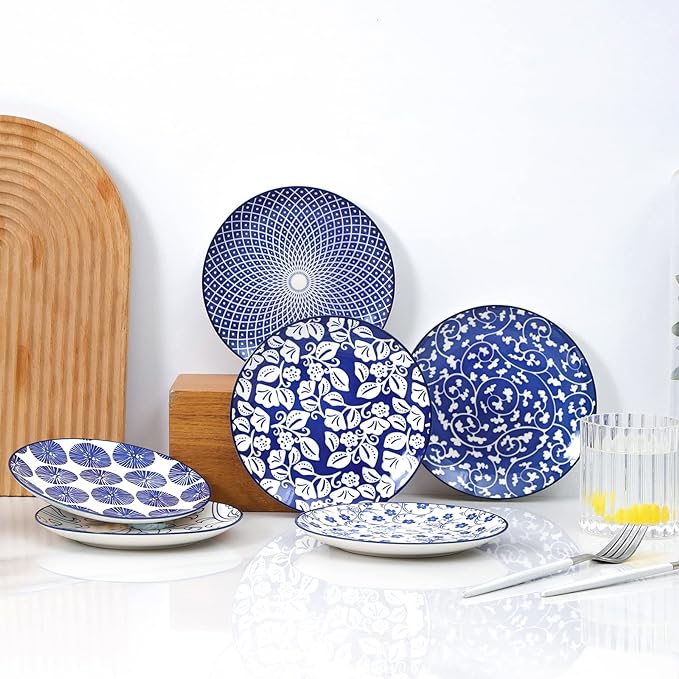 Selamica Ceramic Dessert Plates Set of 6, 6 Inch Appetizer Plates for Kitchen, Microwave & Dishwasher Safe, Vintage Blue