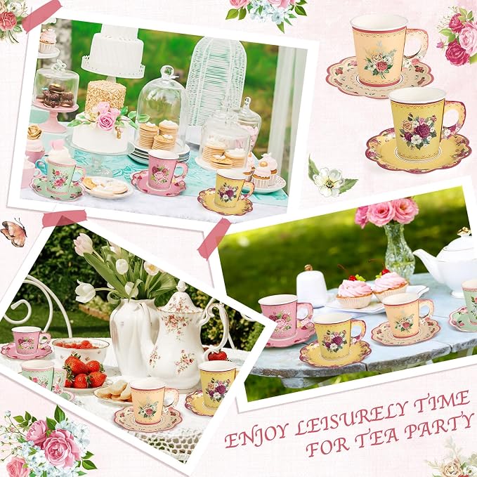 24 Sets Vintage Floral Tea Party Cups 7 OZ Disposable Paper Cups - Image 7