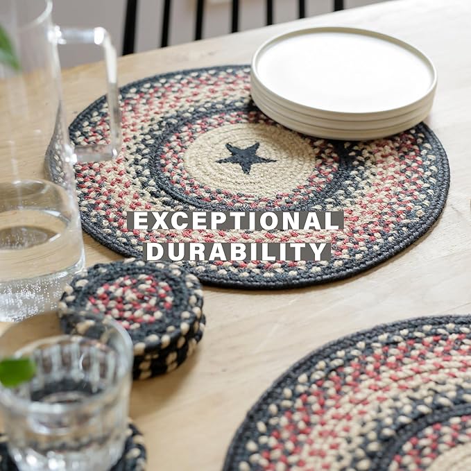 Homespice Primitive Star Gloucester Braided Oval Table Runner, Warm Primitive Decor, Black and Red 11x36 - Jute Dining Table Accessories - Rich Colors, Easy to Clean, Durable and Protects Furniture