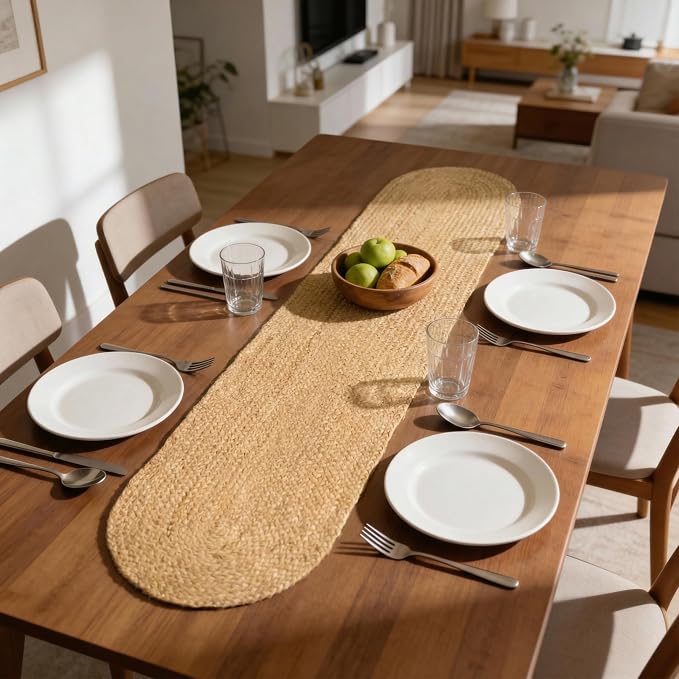 Encasa XO Handwoven Jute Table Runner, Center Table 12"x54" Jute Natural Bleach - Image 3