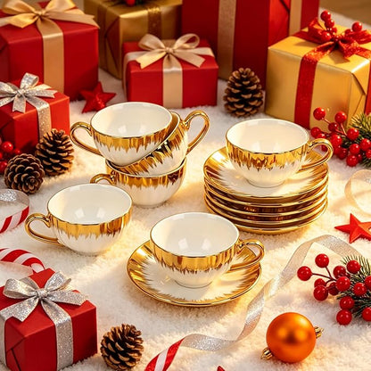 Espresso Cups with Saucers, 3.5 OZ Gold Ceramic Coffee Cup Set of 6, Demitasse - Image 6