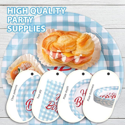 96 Pcs Blue Gingham Birthday Party Decorations, Serves 24 | Blue and White - Image 6