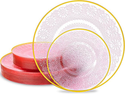 60PCS Pink Plastic Plates with Gold Rim, Lace Patterns Heavy Duty Disposable Plates Include 30 Dinner Plate 10 Inch and 30 Salad Plate 7 Inch for Party, Wedding, Transparent Pink