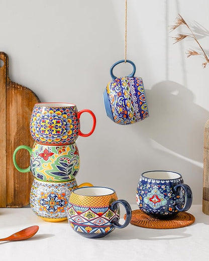 HENXFEN LEAD Boho Ceramic Coffee Mugs Set of 6 – 20 oz Large Porcelain Cups for Latte, Cappuccino, Tea, Cocoa & Soup – Microwave & Dishwasher Safe