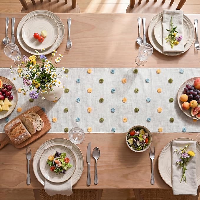 Artoid Mode Yellow Blue Green Pom Pom Tulle Table Runner, Seasonal Washable - Image 3