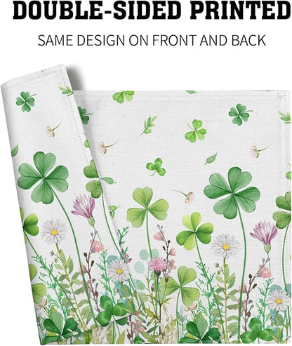 Green Shamrock Placemats Set of 4, 12 x 18 Inch Clover Lucky Floral Heat Resistant Linen Farmhouse Table Dining Place Mats for Seasonal Spring Kitchen Home Decor